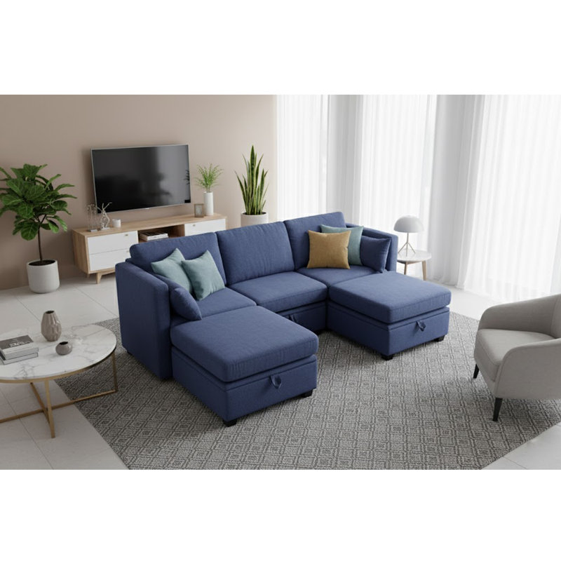 Dilen 5 - Piece Upholstered Sofa Modular Storage Couch & Ottoman, Blue Polyester