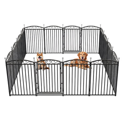 Parc de jeux extérieur décoratif en métal de 16 panneaux avec porte, 101,6 cm de hauteur, pour chiens moyens et grands, base noire avec accents argentés.