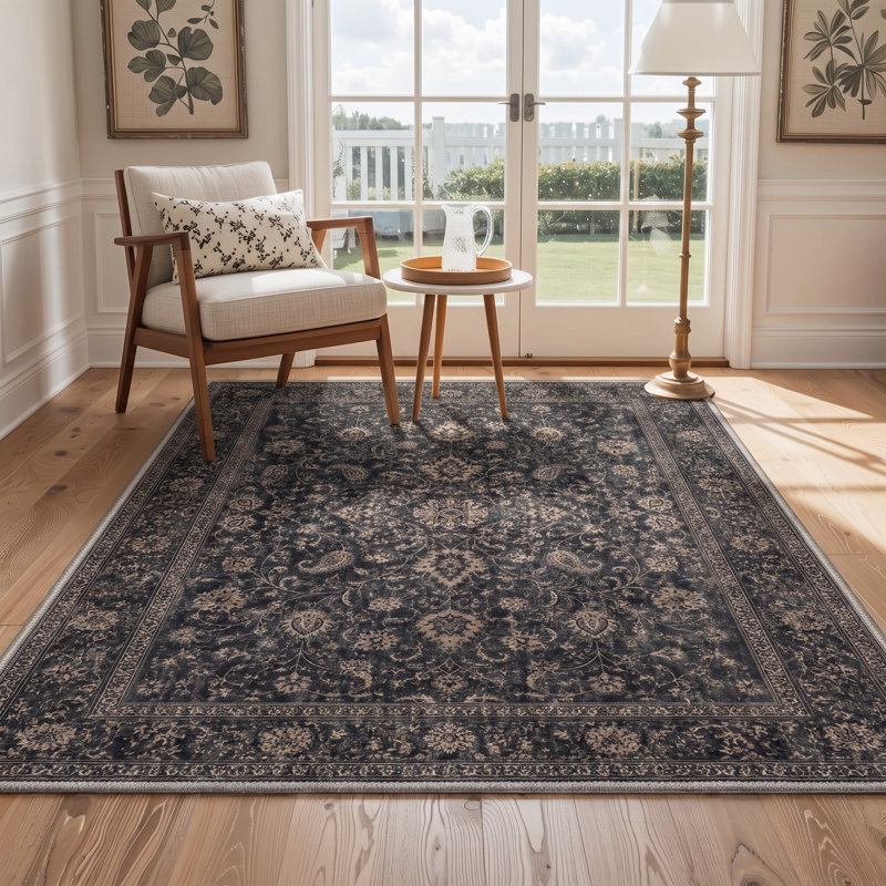 Tapis de couloir oriental bleu marine / brun lavable à la machine avec envers antidérapant, Tapis de couloir de 2 pi x 7 pi