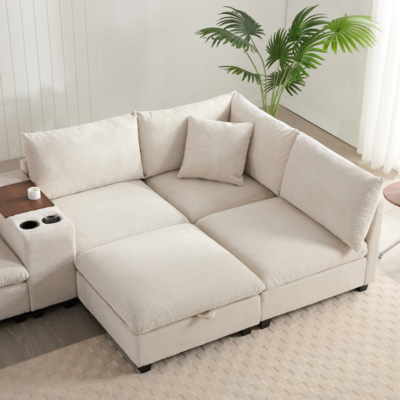 Canapé modulaire surdimensionné de 140 po avec repose-pieds et console de rangement mobiles, pochettes de rangement amovibles, porte-gobelet, siège large, chargeur USB, canapé en chenille à 6 places en U pour le salon