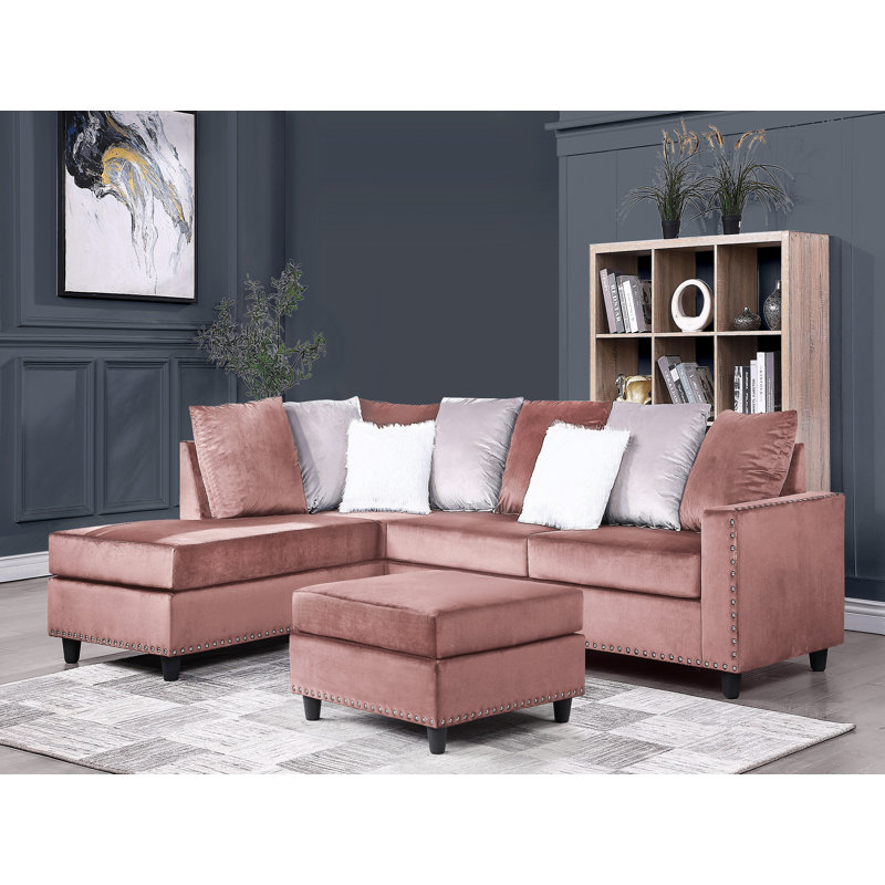 Canapé modulaire avec repose-pieds en L, Velours rose