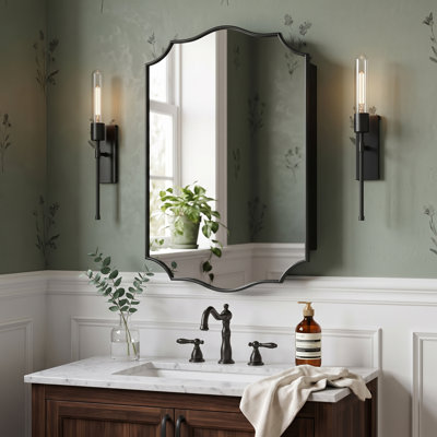 36" x 24" Vintage Scalloped Arched Bathroom Medicine Cabinet with Mirror, Decorative Wall Mounted Storage Cabinet with Adjustable Shelves, Recessed or Surface Mount