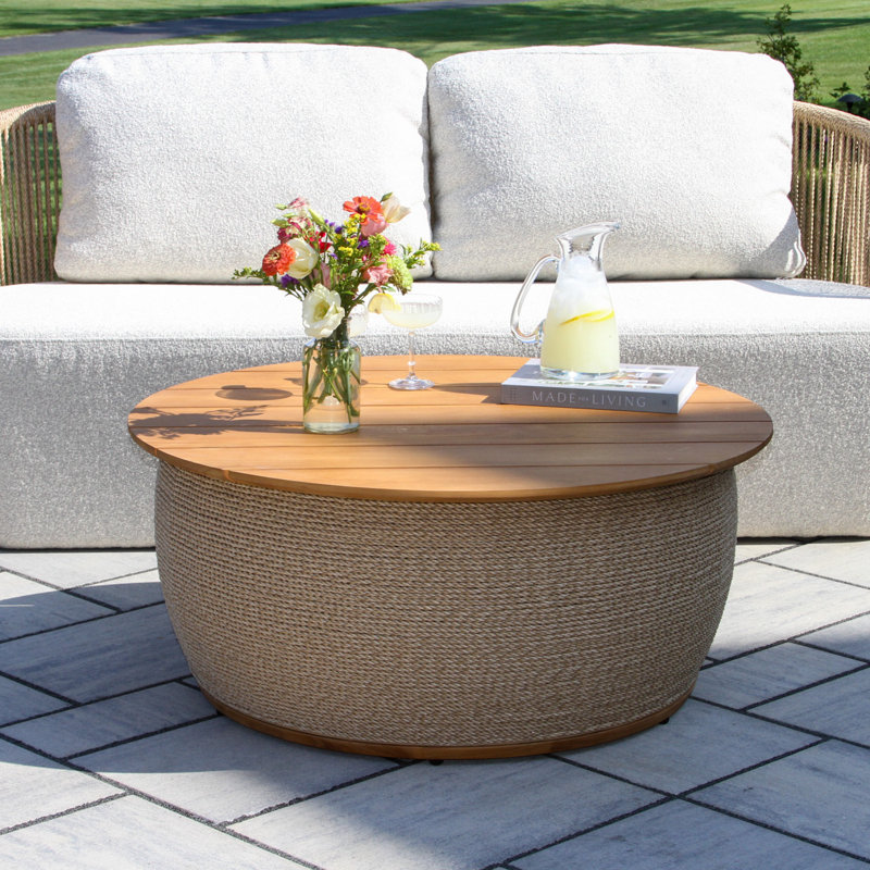 Table basse avec rangement en teck et câble en osier, 36 po de diamètre