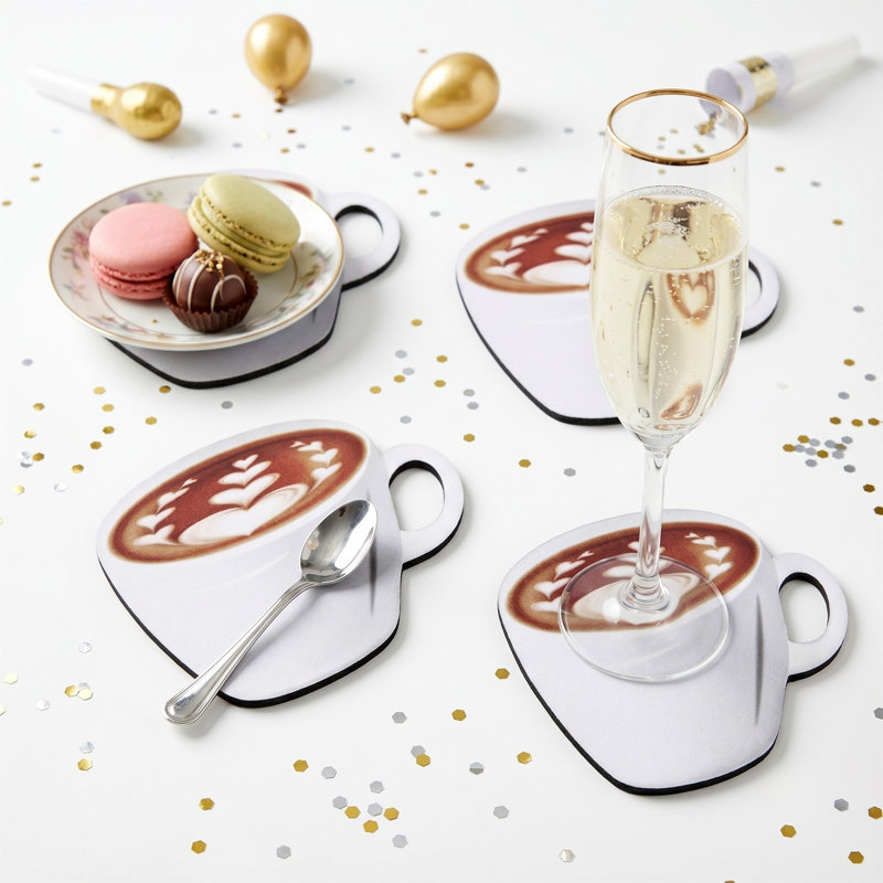  Ensemble de 4 sous-verres en néoprène, ensemble de sous-verres en forme de tasse à café avec latte Art Design