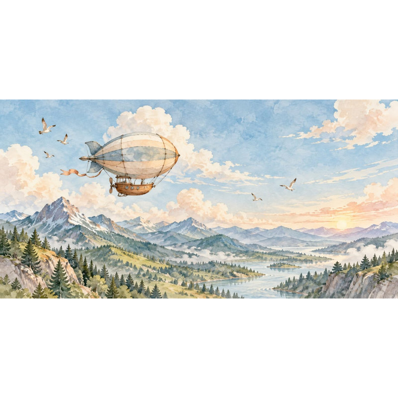 Soft Airship Wallpaper Mural, Peel and Stick Kids Room Wall Mural, Watercolor Airplane Sky Nursery Wallpaper, 152 x 102 cm