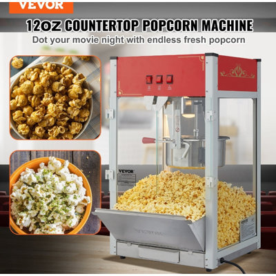 12 Oz Countertop Popcorn Popper - 1440W, 80 Cups Output, Red Home Popcorn Maker