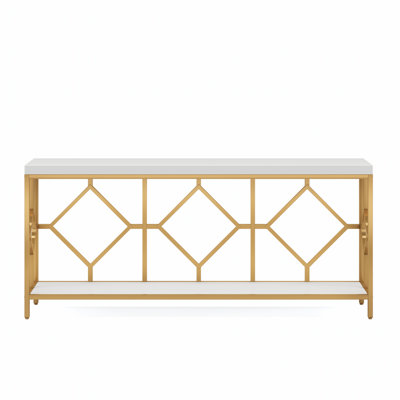 70.9 Inch Extra Long Industrial Console Table with 2-Tier Open Storage, Diamond Pattern Metal Frame, White & Gold