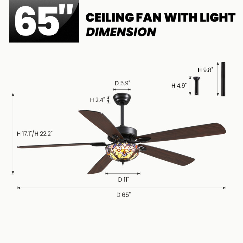 Lustre 65 pouces de style ventilateur Tiffany avec télécommande 6 vitesses réversible 5 pales double brun noir rétro