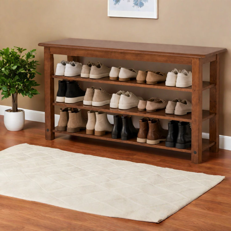Banc de rangement pour chaussures en bois massif, tablettes réglables à 3 niveaux, vestibule en noyer