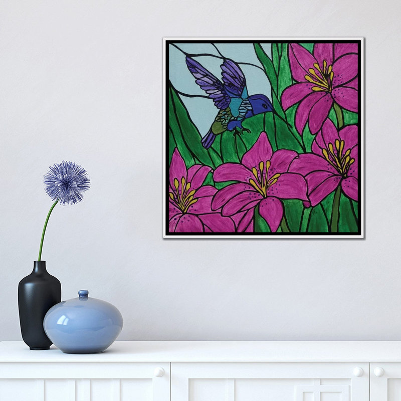 «Groovy Little Hummingbird» par Rachel Olynuk - reproduction d'art, H 18 po x l 18 po x 1,5 po, Toile blanche encadrée