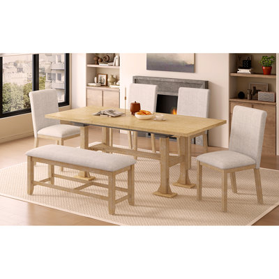 Farmhouse 76inch 6-Piece Extendable Dining Table Set Trestle Kitchen Table Set with 18inch Removable Leaf