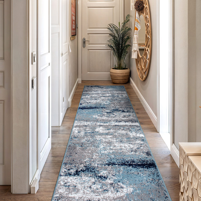 Willington Abstract Gray/Blue/White Rug, Runner 2'7" x 10'