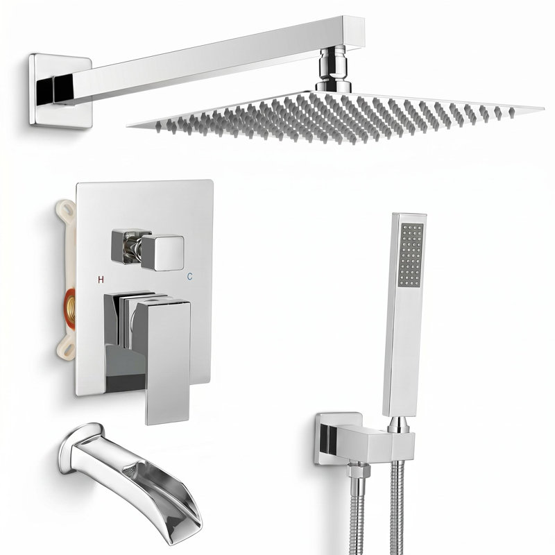 Kubik 12 in. Square Shower System with Tub Spout (Valve Included), Polished Chrome