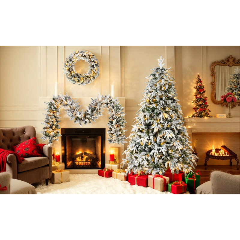 Décoration de Noël floquée enneigée: 3 pièces avec lumières DEL chaudes, pin météo: 9 pi, arbre de 6 pi, ignifuge