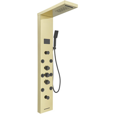 Système de panneau de tour de douche à inverseur 6 voies avec pomme de douche à pluie, baguette de douche et lumière DEL en or noir