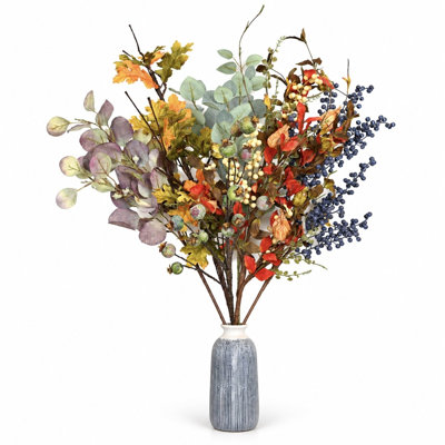Récolte artificielle de 36 po avec branches mixtes, fausses feuilles d'automne, eucalyptus, baies colorées et gousses pour un décor saisonnier rustique