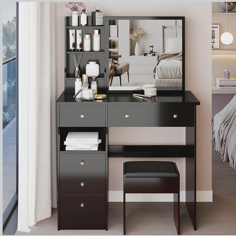 Meuble-lavabo de 37 po avec tiroir de taille moyenne à gauche et tabouret rembourré, très grand miroir coulissant à droite, rangement multicouche à grande capacité, commode pratique et pratique, convient aux grands espaces