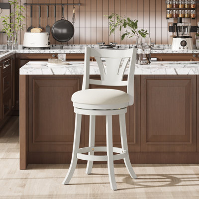 Upholstered Swivel Bar Stools with Curved Backrest & Solid Rubber Wood Legs by George Oliver