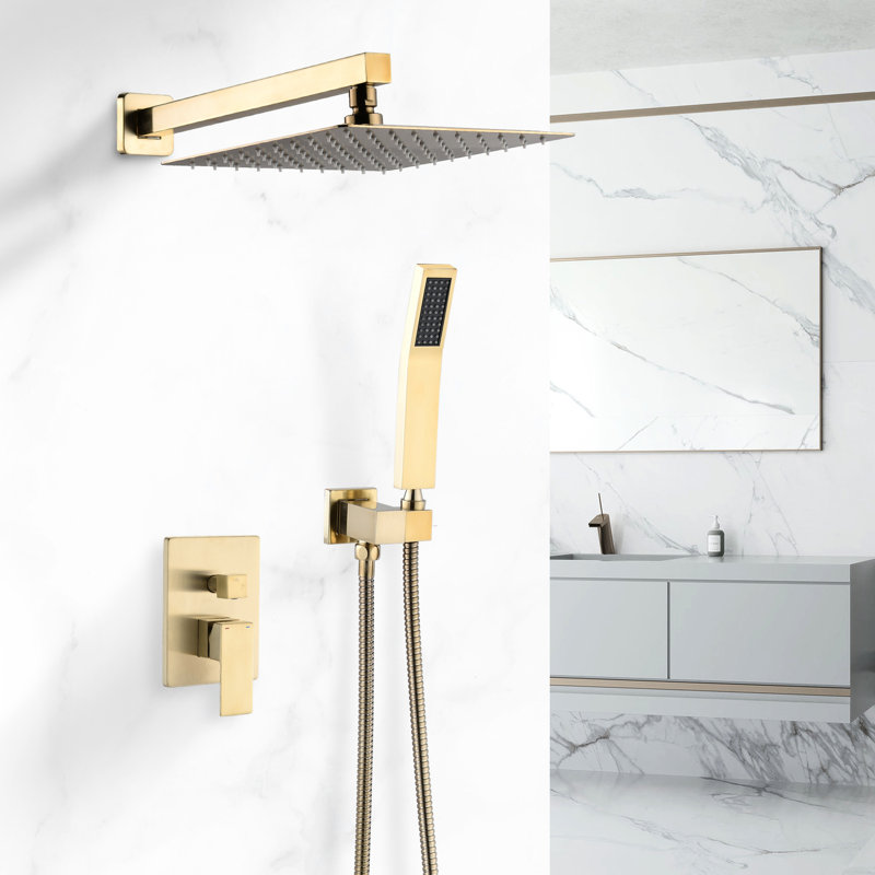Brushed Gold 10 Inch Wall Mounted Shower With Adjustable Head, Built - In Flow Control, And Easy Clean Design Complete System Water Flow, Single Handle, Diverter For A Relaxed Bathroom Ambiance