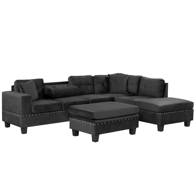 L-Shaped Sectional with Ottoman, Black Velvet