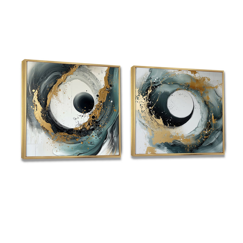 Black Gold Yin and Yang Spiral Design III - Chinese Zodiac Sign Wall Decor - Modern Wall Art 2 Piece, 16" H x 33" W, Gold