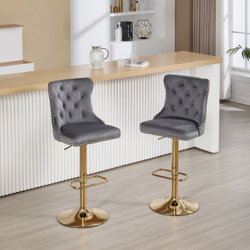 Tabouret de bar à hauteur ajustable Leonelle, Doré, Gris