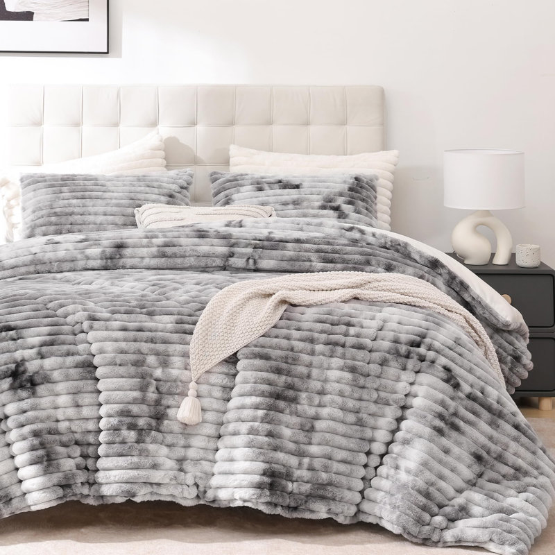 Fluffy Comforter Set 2 Pieces- All Seasons Heavy Faux Fur Comforter With One Pillowcase, Tie-dye Grey