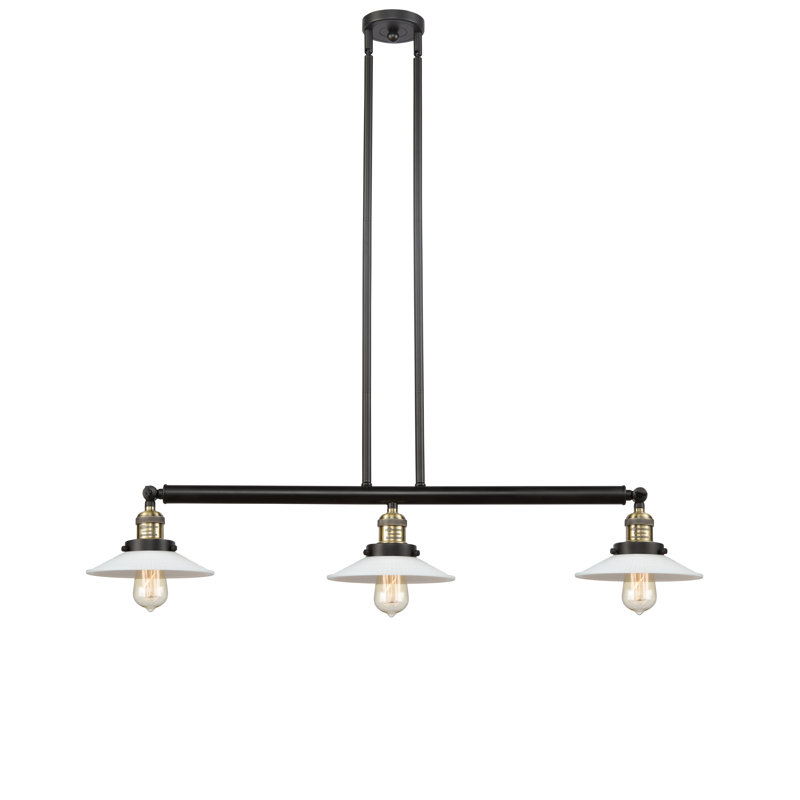 Luminaire suspendu linéaire à 3 lumières pour îlot de cuisine Miramontes, Matte White Halophane, Laiton brossé, DEL