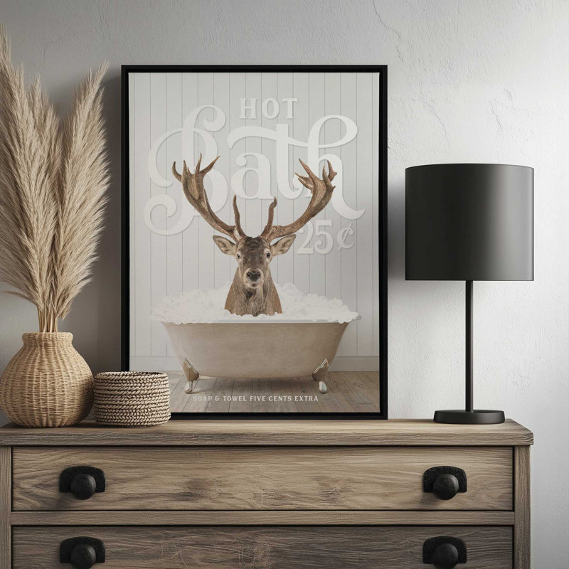 «Deer Hot Bath» par lettrage et doublure, L 24 po x H 32 po, Toile avec cadre, White