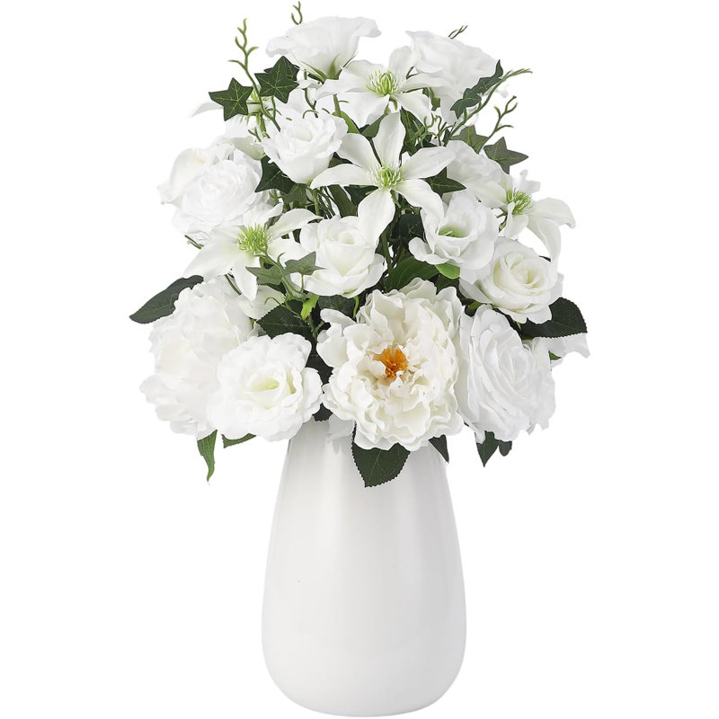 Roses blanches artificielles avec vase en céramique, arrangement de fausses fleurs en polyuréthane pour une table de mariage
