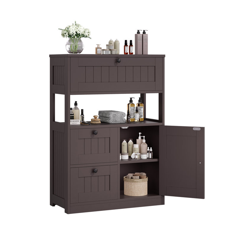 Armoire de rangement moderne à 3 tiroirs avec tablette réglable et présentoir ouvert, Brun