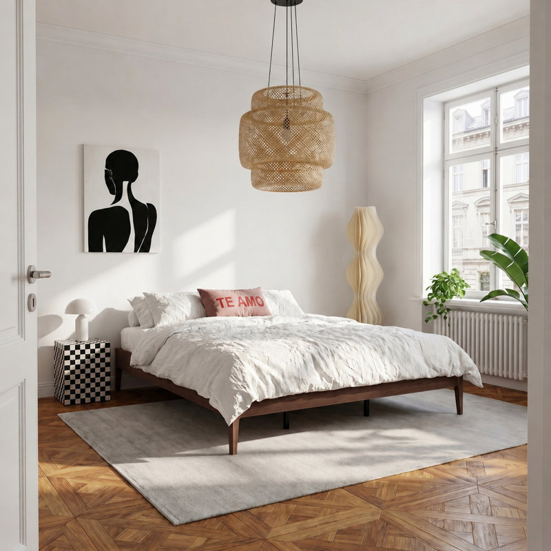 Structure de lit moderne en bambou massif avec support en lattes de bois, hauteur de 15 pouces, aucun sommier requis