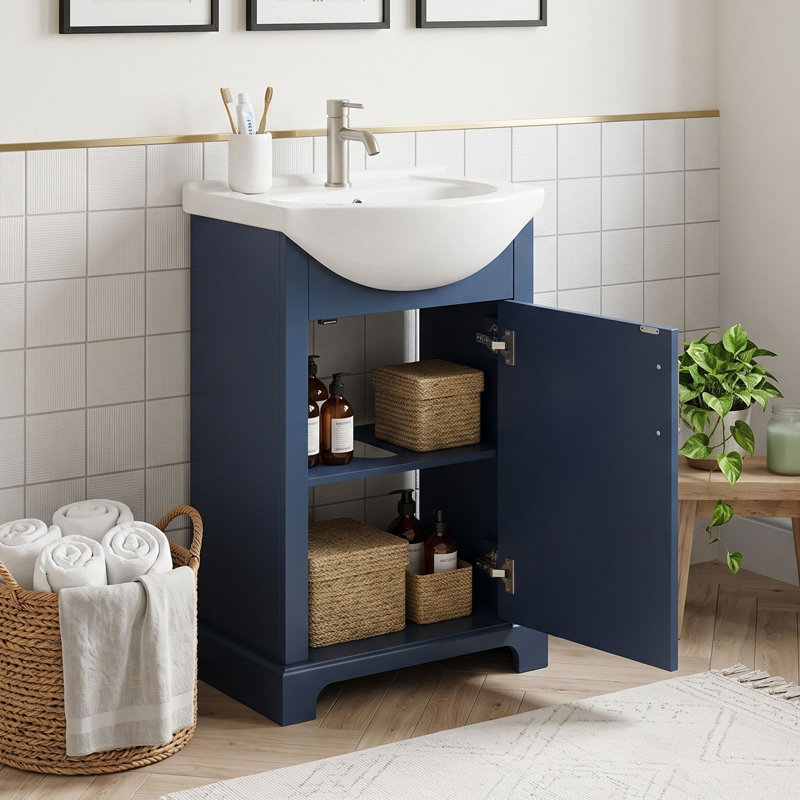 Meuble-lavabo de salle de bain avec lavabo épais en céramique et armoire peu encombrante, Blue