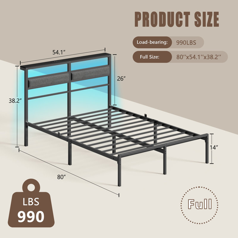 Metal Bed Frame with LED Lights, Charging Station & Upholstered Headboard, Large Storage Space, No Box Spring Needed, Full