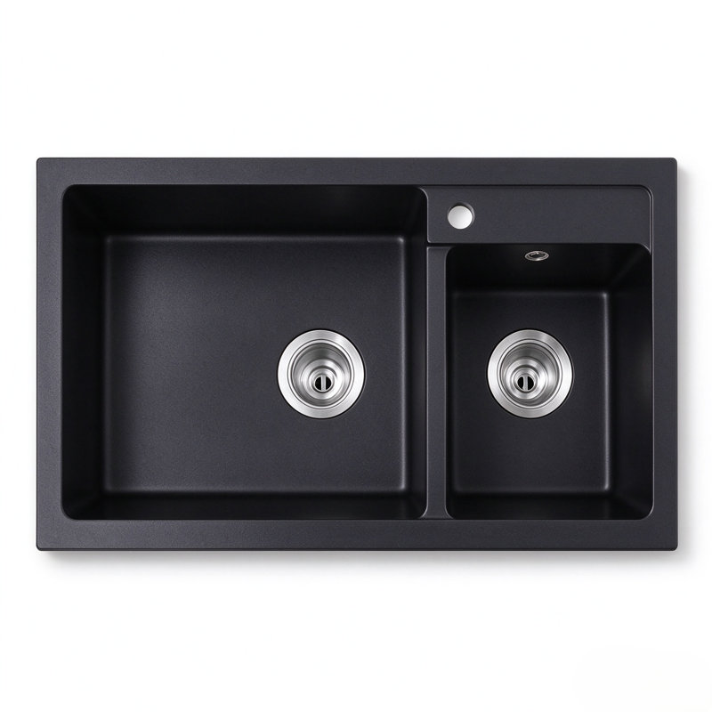 Black Quartz Composite Double Bowl Drop-In Kitchen Sink