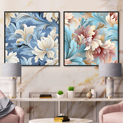White And Blue Damask Flowering II - Abstract Botanicals Square Collage Set Of 2