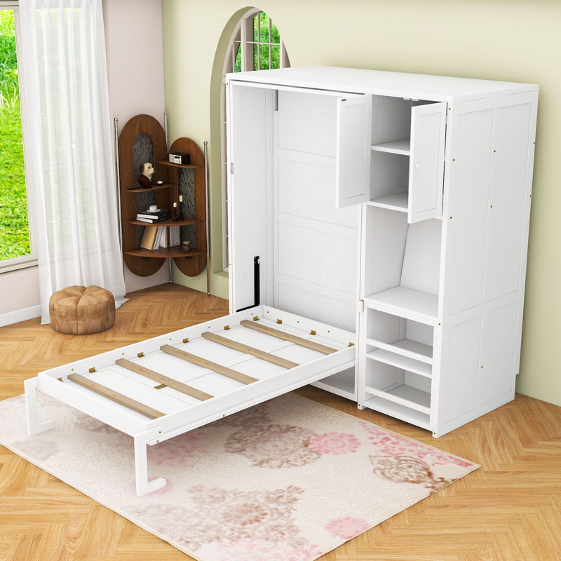 Multifunctional Twin Wooden Murphy Bed with Built-in Storage Shelves and Extendable Desk, White