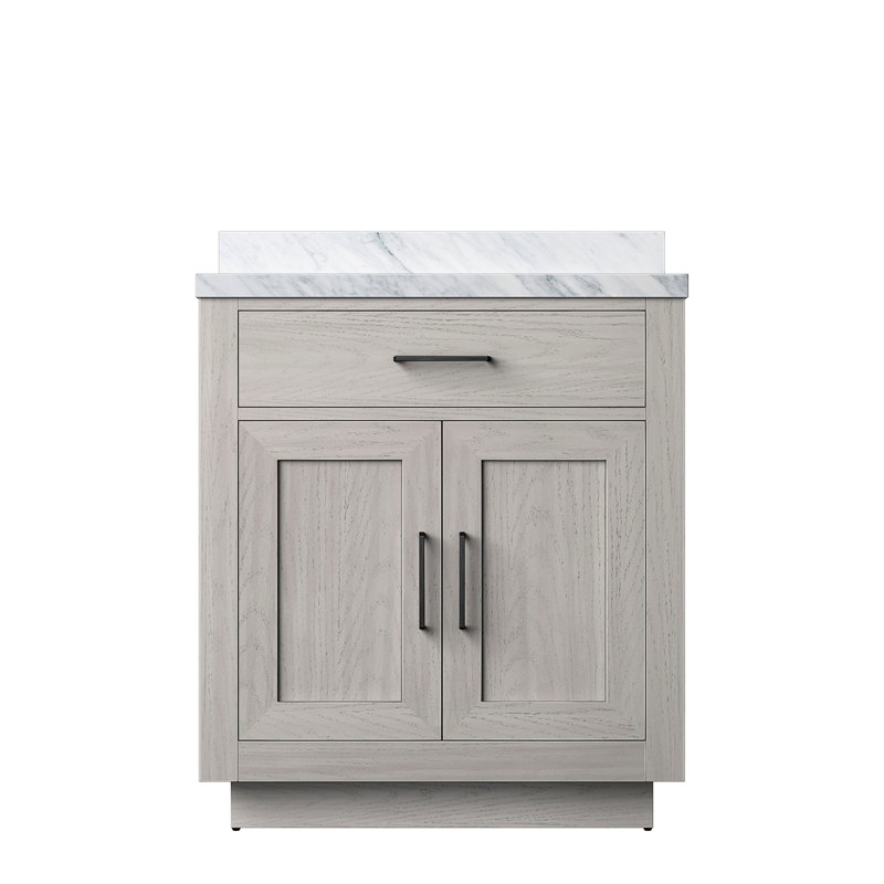 Meuble-lavabo simple en chêne blanc, avec comptoir en marbre, structure robuste en bois massif, mécanisme de fermeture en douceur, unité entièrement assemblée, recouvrement profond, construction, action, complètement en place