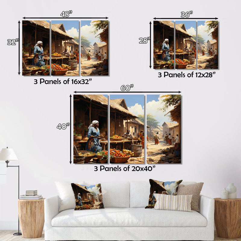 «African Vibrant Market II», reproduction sur toile 3 pièces, H 28 po x l 36 po x P 1 po