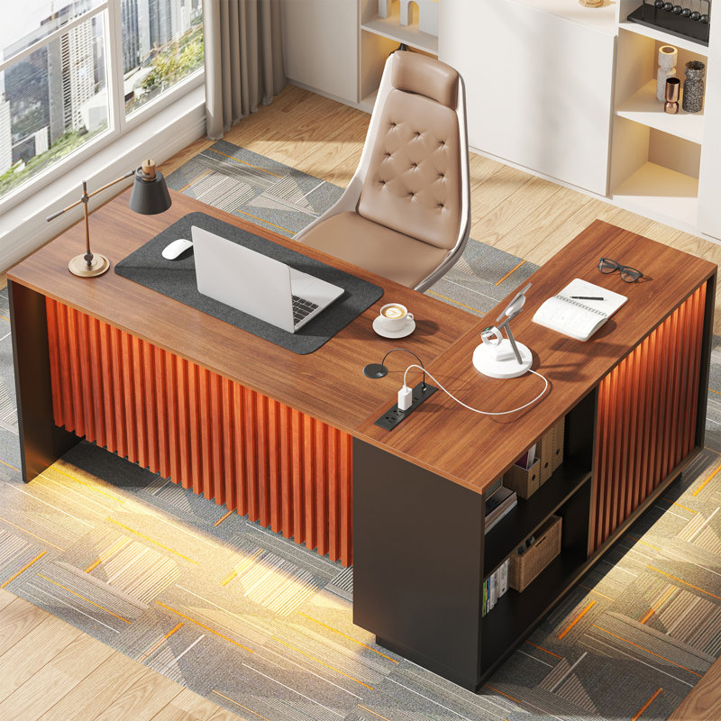 L-shaped Executive Desk, Home Office Desk With Storage, Drawers, File Cabinet And Privacy Panel, Modern Corner Desk With Charging Station & Led Lights,