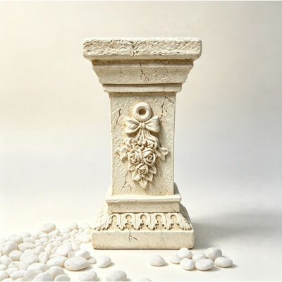 Antique White Roman Column Pedestal with Rose Floral Relief, Weatherproof Resin Decorative Pillar, Multi-Purpose Indoor Outdoor Display Stand for Garden, Wedding, Living Room Decor