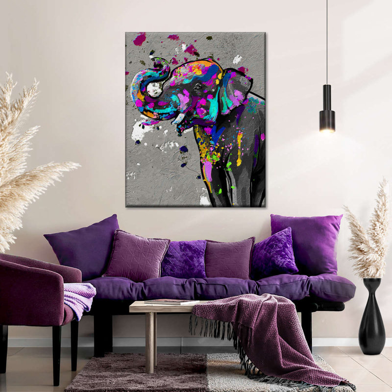 Éléphant abstrait sur toile, H 32 po x l 40 po x P 1,25 po