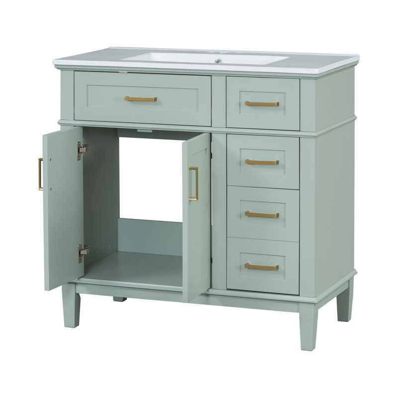 Modern Elegance: meuble-lavabo vert de 36 po avec lavabo en céramique et grand rangement