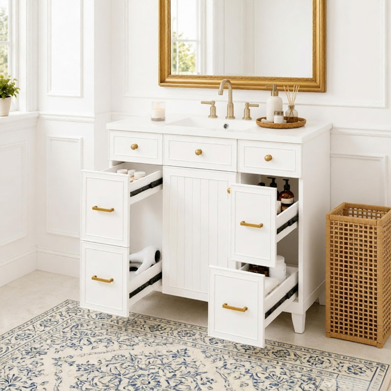 36" Bathroom Vanity with Ceramic Sink, White, Solid Wood Frame, Soft Close Doors, Adjustable Shelves, 3 Drawers ,Including Double-Depth Drawer for Hairdryer Storage