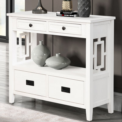 Console avec 4 tiroirs et 1 tablette. Blanc antique. Bois de pin massif. Pour le salon, la chambre à coucher, le couloir. Espace de rangement spacieux blanc et grand