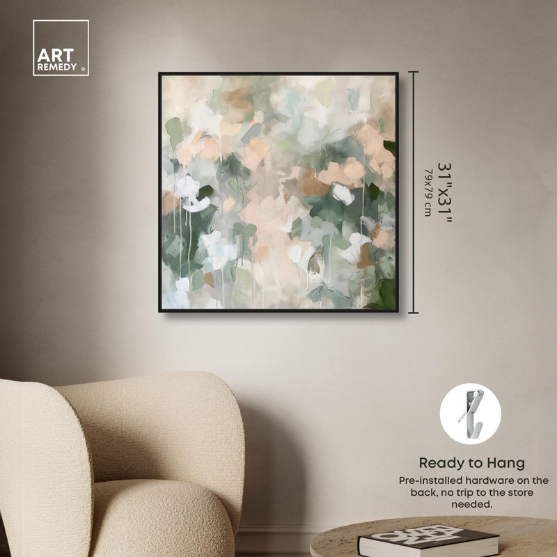 Earth & Emerald Rhythm Canvas Minimal Abstracts by Art Remedy, 31" H x 31" W x 1.8" D, Black Floater Framed