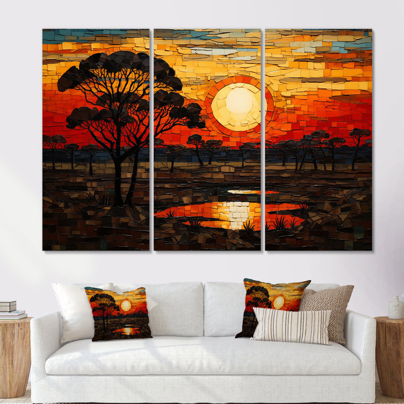 Savannah, coucher de soleil en safari africain dans les teintes 3 - Boho mosaïque, art mural, Toile tendue