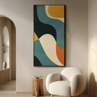 Extra Large Wall Art Fabric Print - Mid-Century Modern Curved Shapes in Teal Mustard and Black Artwork Decor for Living Room or Bedroom - "Frame Assembly Required (Unfinished Frame)"