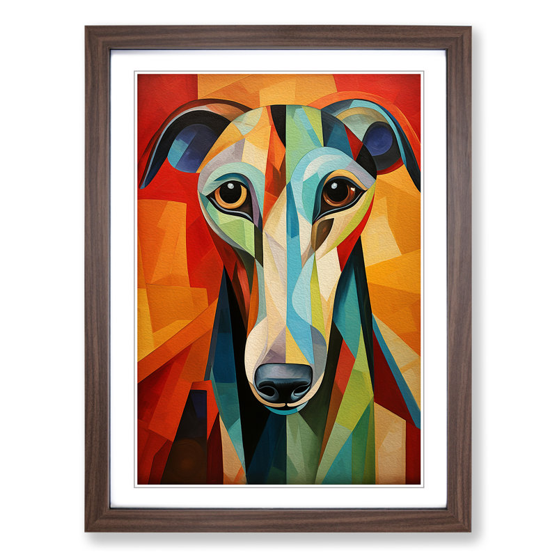 Greyhound Cubism Art - Framed Print, 46cm H x 34cm W, Walnut Framed
