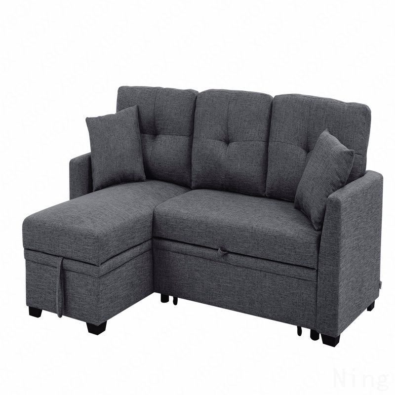 76.5" Linen Blend Upholstered Sectional With Pull-Out Bed And Chaise Storage, Dark Gray